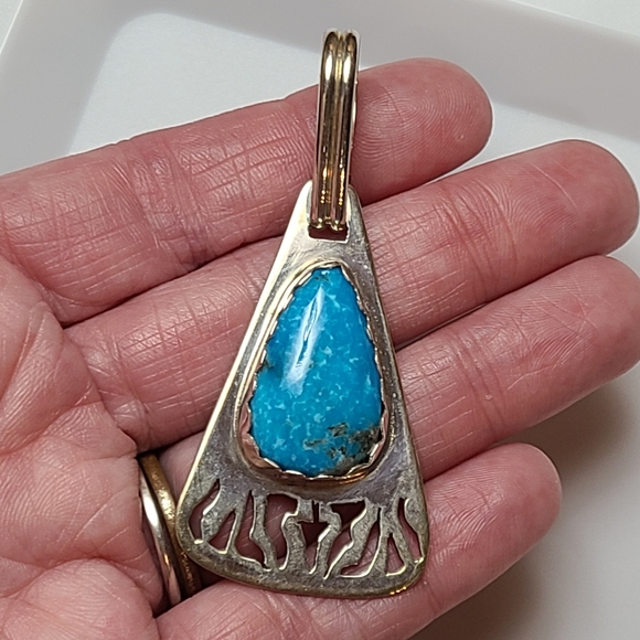 Vintage Turquoise Sterling Silver Pendant HUGE Navajo NA cut Out Design Estate - Picture 6 of 6